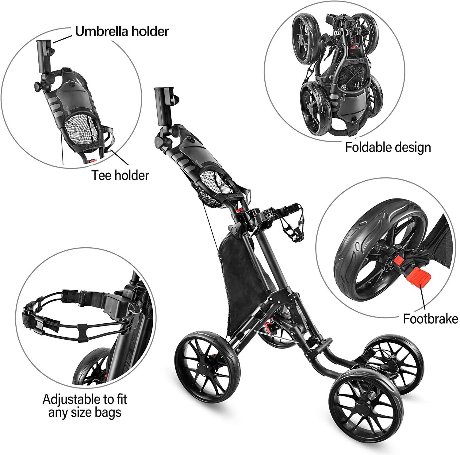 New 4 Wheel Golf Push Cart Golf Trolley with Foot Brake and Umbrella Holder