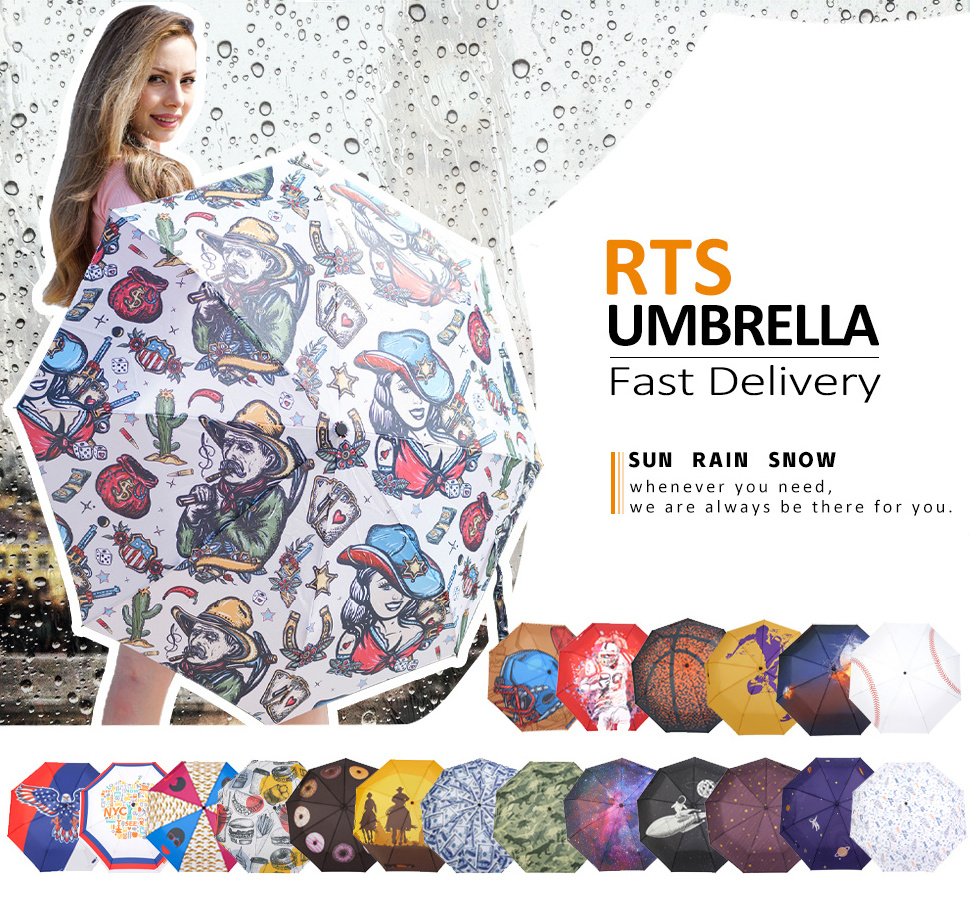 Custom Printing Sublimation Outdoor Parasol Waterproof Customized floating umbrella 3 Folding sunbed Umbrella vinyl umbrella