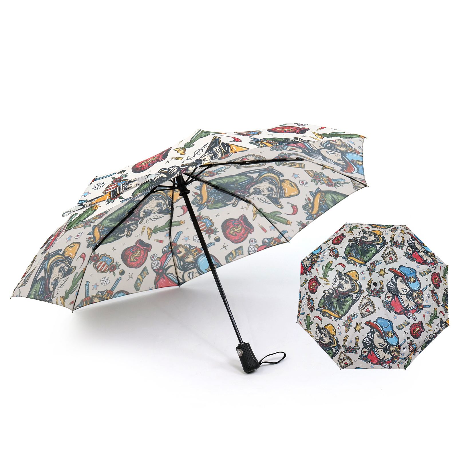 Custom Printing Sublimation Outdoor Parasol Waterproof Customized floating umbrella 3 Folding sunbed Umbrella vinyl umbrella