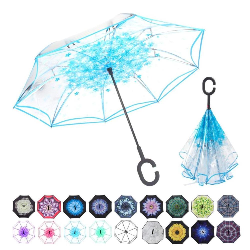 Reverse Clear Transparent Windproof Umbrella Rain Women Double Layer C-hook Umbrellas