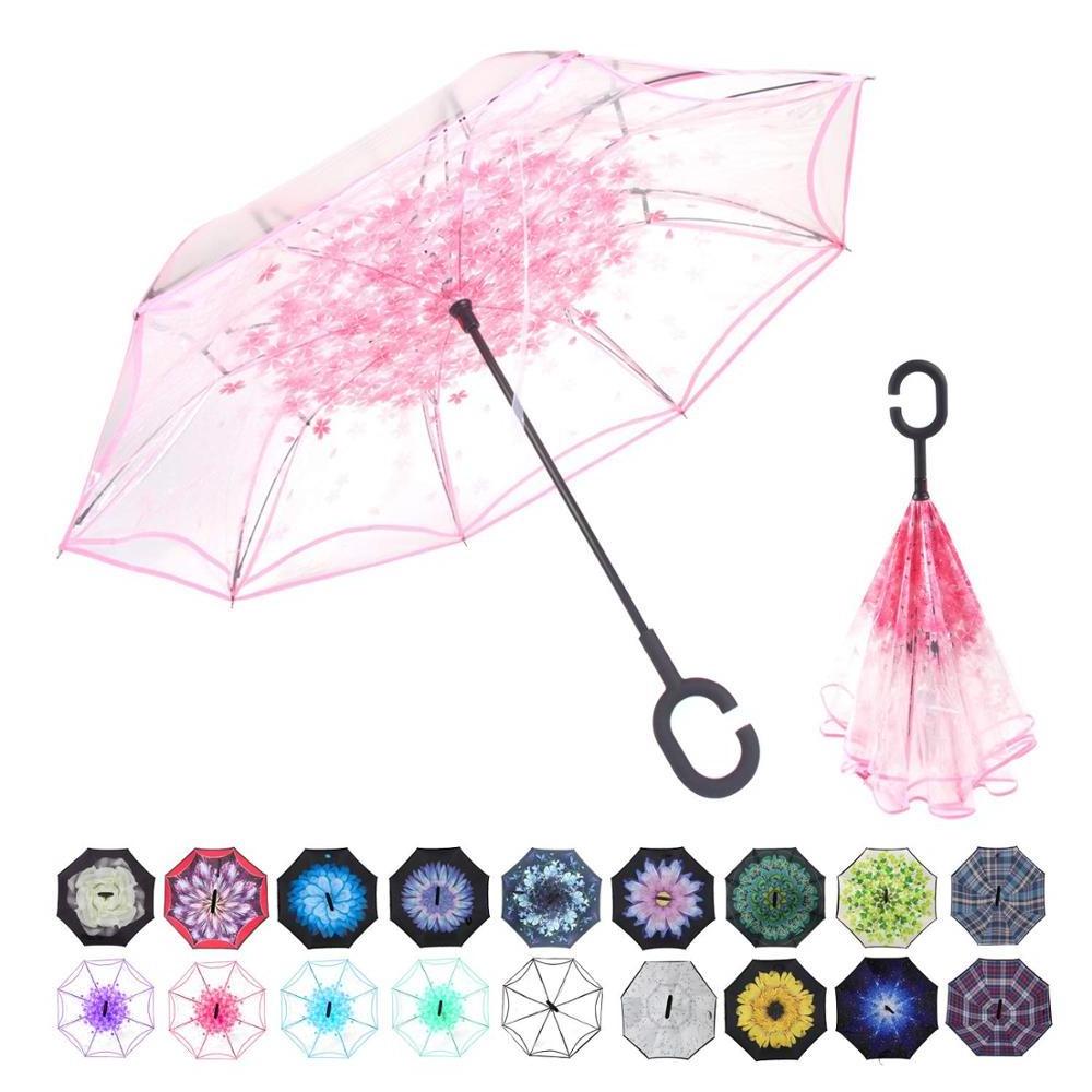 C Hook Free Handle Windproof Reverse Double Layer Inverted transparent Umbrella