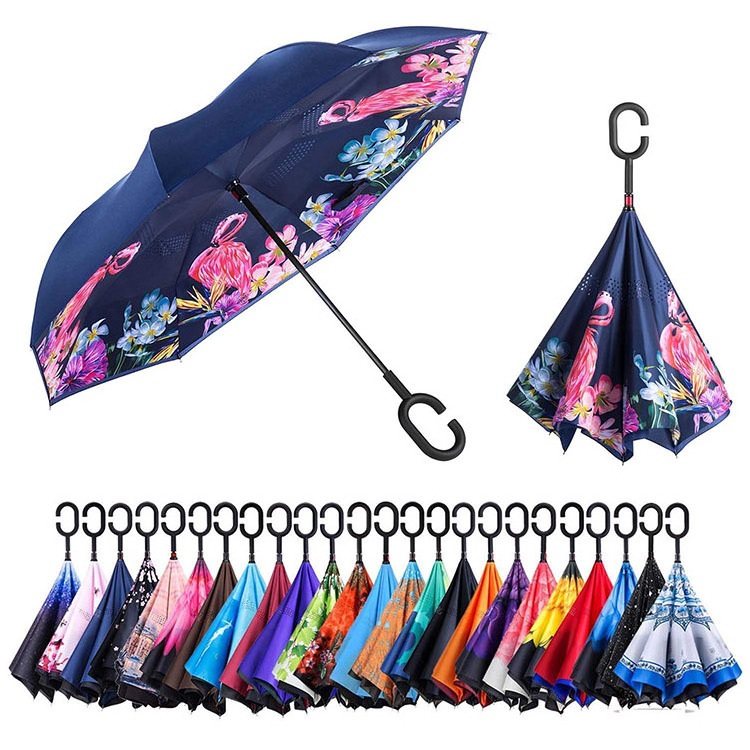 Custom Logo Windproof Double Layer C Handle Reverse Umbrella Upside Down Double Layer Inverted Umbrella Sunny and Rainy Umbrella