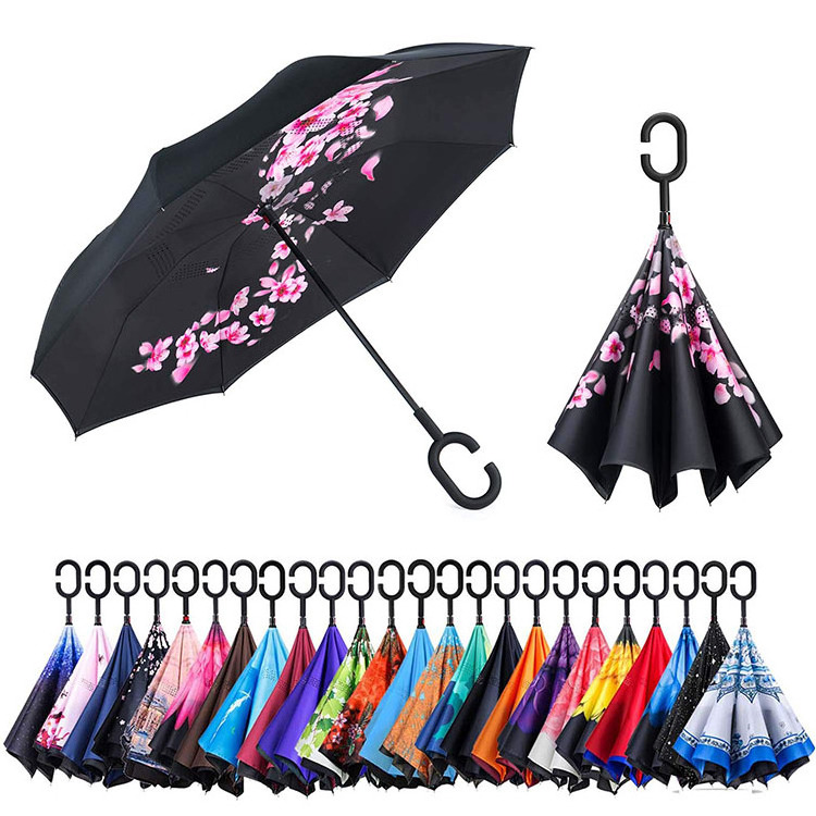 Custom Logo Windproof Double Layer C Handle Reverse Umbrella Upside Down Double Layer Inverted Umbrella Sunny and Rainy Umbrella