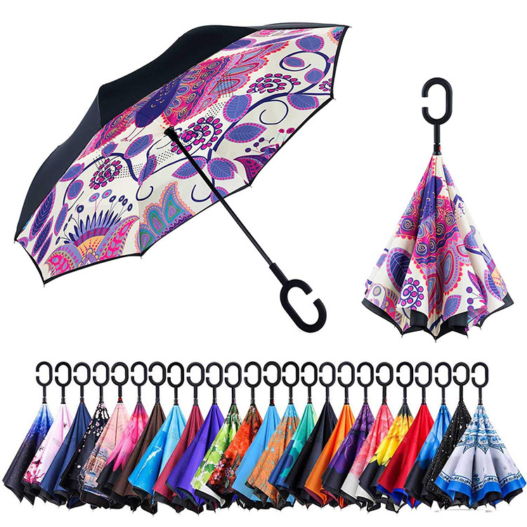 New design Hands Free Reverse Umbrella Inverted Waterproof Pongee Fabric Car Umbrella