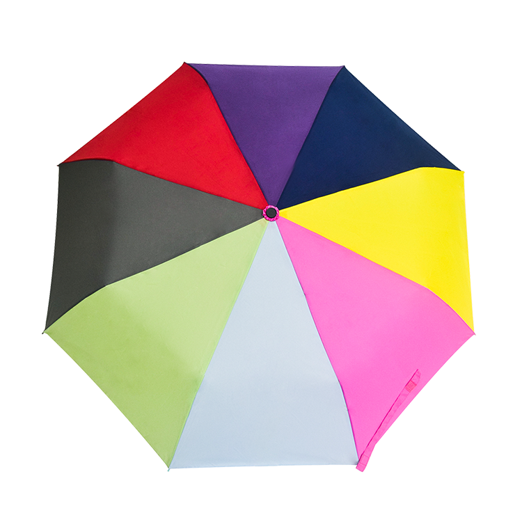 Promotion  Multi-color Pongee Rain bow Colorful Customized Bulk Three Folding Umbrella in Aluminum Ribs