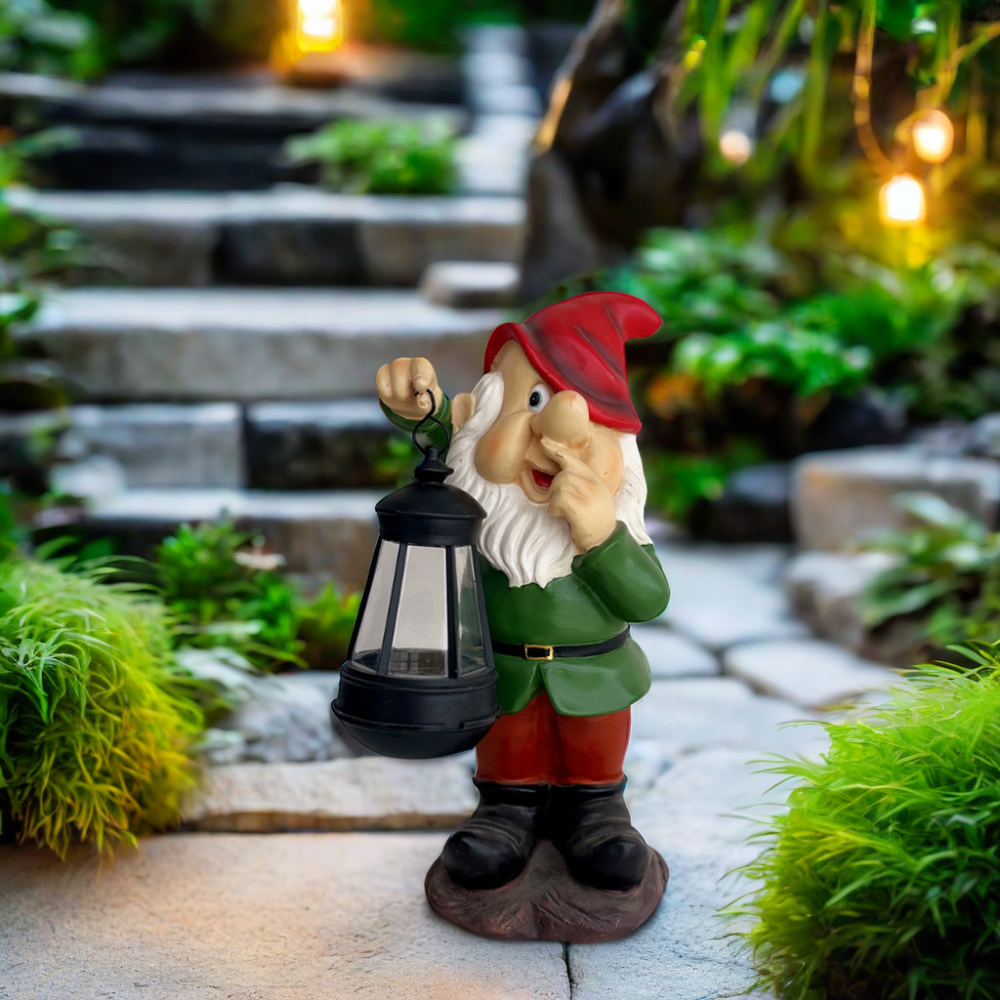 Large Funny Resin Garden Gnome Statue with Solar Lights Outdoor Sculpture Lantern for Yard for Party Gifts