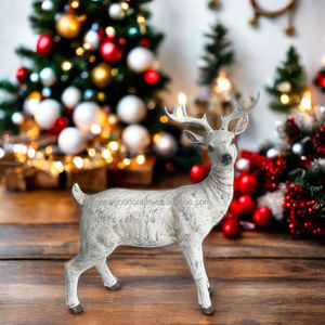 Set of 2 Folk Art Style Resin Reindeer Figures Artificial Animal Crafts with Glitter for Christmas Holiday Decor