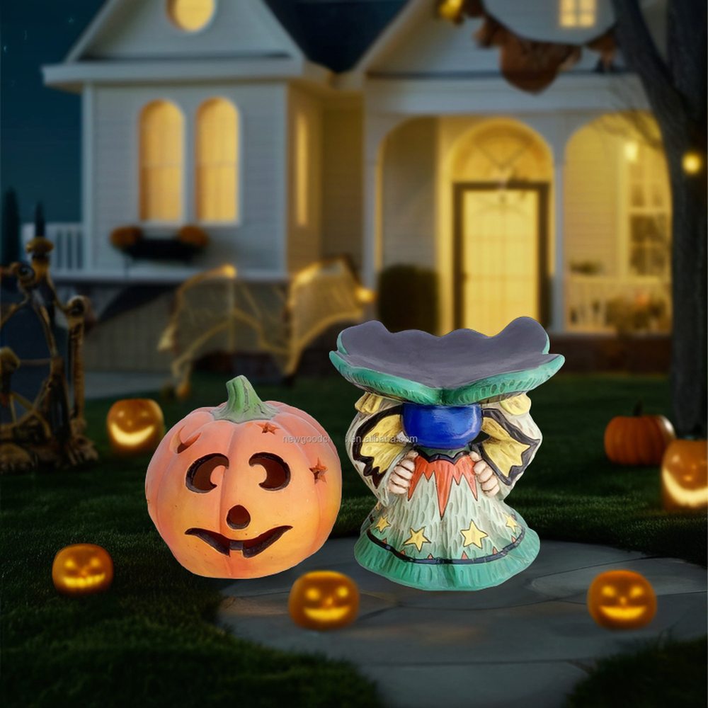 Nautical Style Resin Sculpture Halloween Decoration with Witch and Pumpkin Head Design Fairy Theme