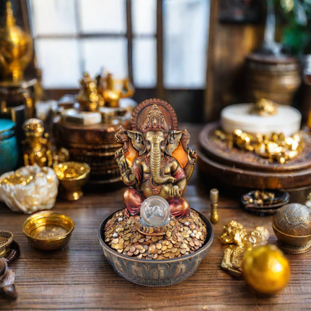 Golden Ganesha Folk Art Polyresin Sculpture Hindu Indian Elephant Lighted Fountain Buddhism Theme Resin Material