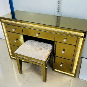 Cheap luxury dressing table with led light gold crush diamond custom mirror furniture makeup table with light