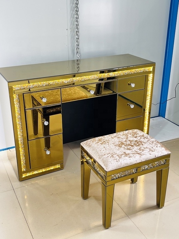 Cheap luxury dressing table with led light gold crush diamond custom mirror furniture makeup table with light