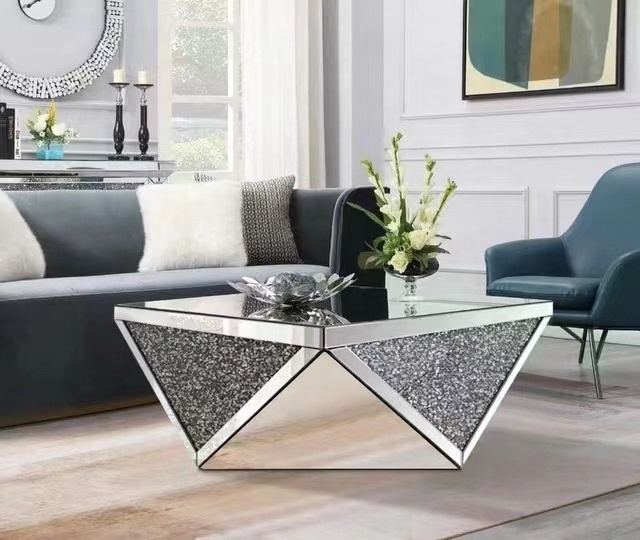 High Quality Modern Design round Floating Crush Diamond Coffee Table Luxury Sparkle Mirror Wooden Furniture for Living Room