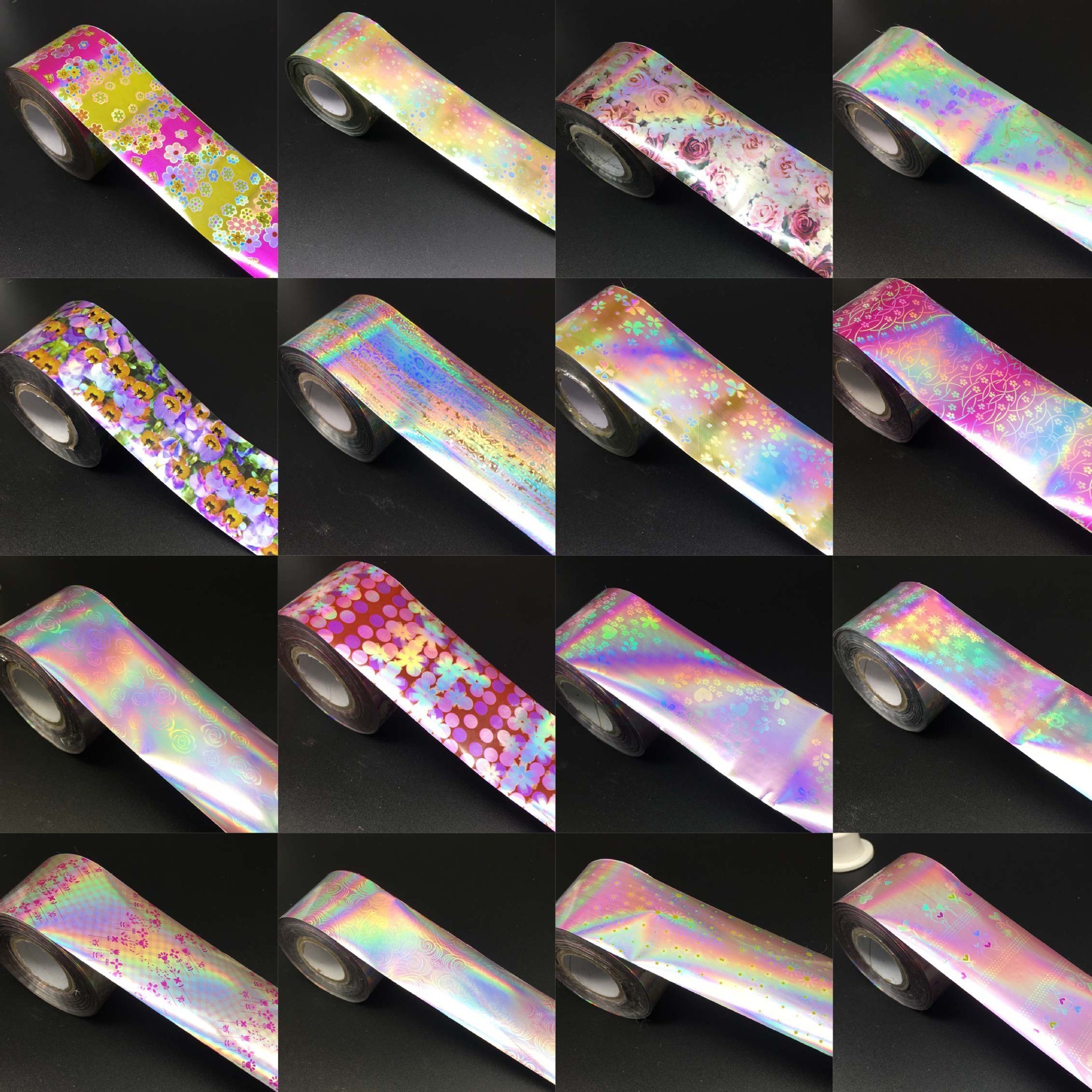 16pcs Holographic Nail Foil Set Mix Flower Design Transfer Foil Nail Polish Stickers Decoration Pink Starry Sky Decals NA0119