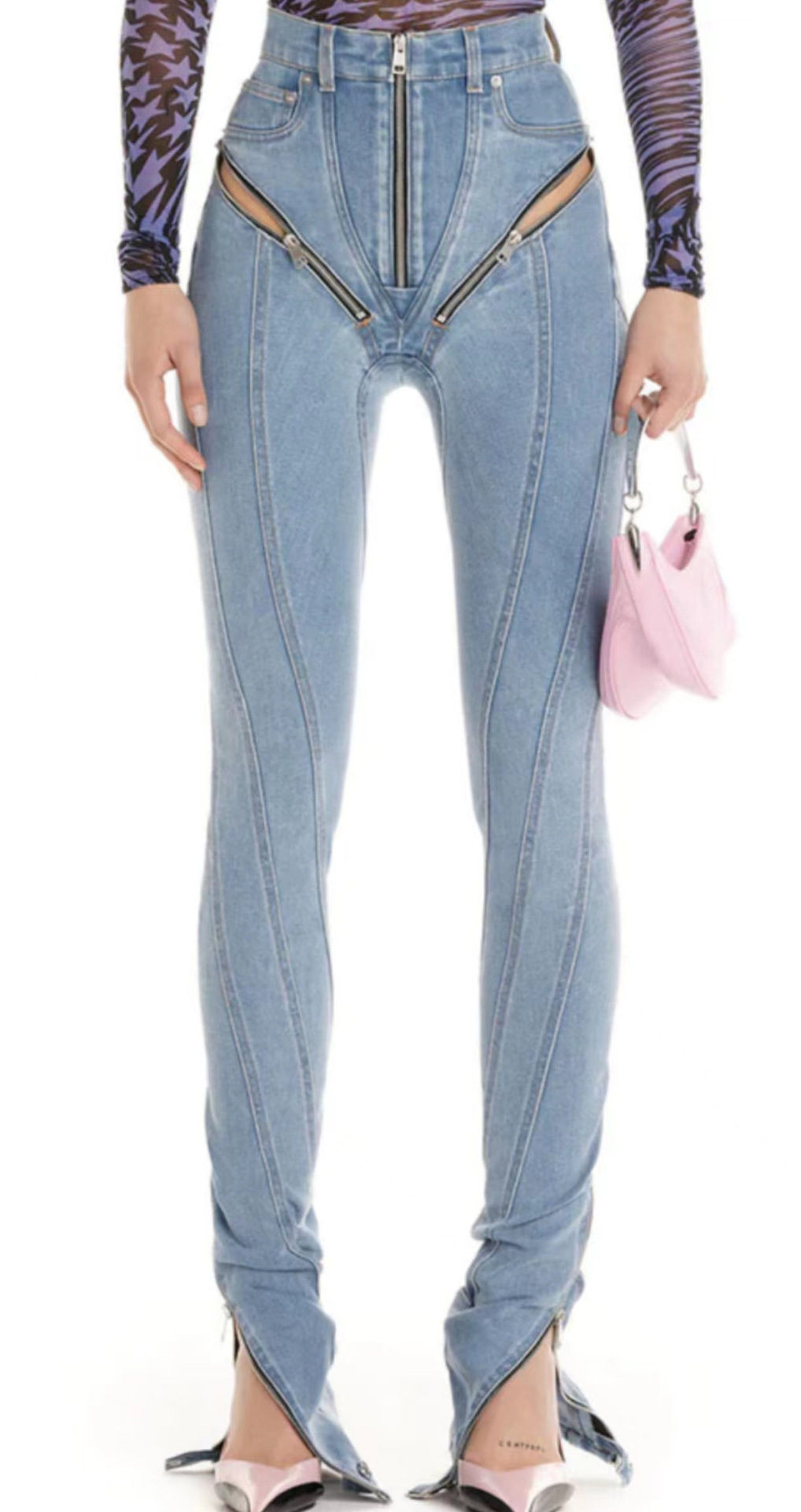 W6921 2024 New Jeans Women Pencil Pants Basic Deconstruct Panelled Patchwork Zipper High Waist Split Long Denim Pants