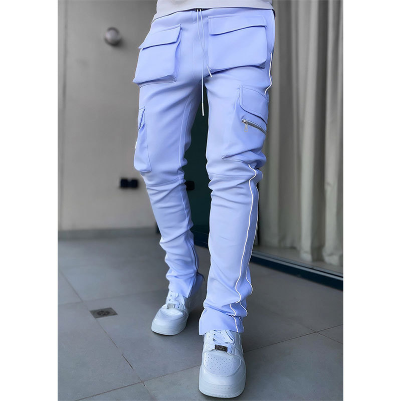 W5174 Hot Men Fashion Leisure Loose Straight Tube Reflective Strip Fitness Large Zip Pocket Sport Pants Fashion Leggings Joggers