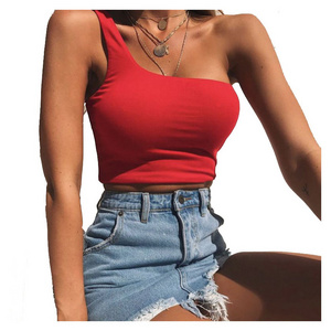 W0580 Lady One Shoulder Crop Tops Sleeveless T-Shirt Night Club Tank Tops Summer Beach Vest Bare Midriff Summer Fashion Camisole