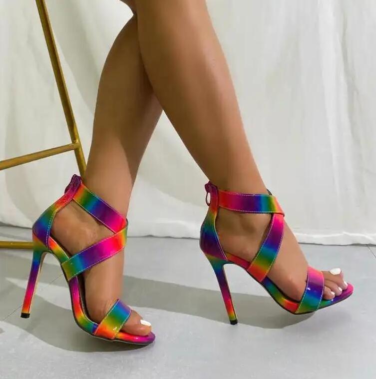 S437 New arrival summer europe american popular rainbow colorful womens street style high heels plus size sexy sandals plus size