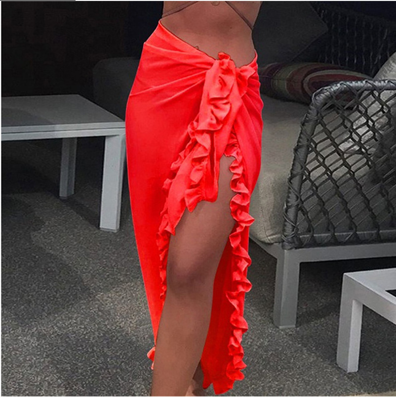 Y5055 Hot Fashion Women Chiffon See-Through Beach Bikini Cover Up Wrap Scarf Swimwear Dress Solid Ruffle Casual Beach Skirt