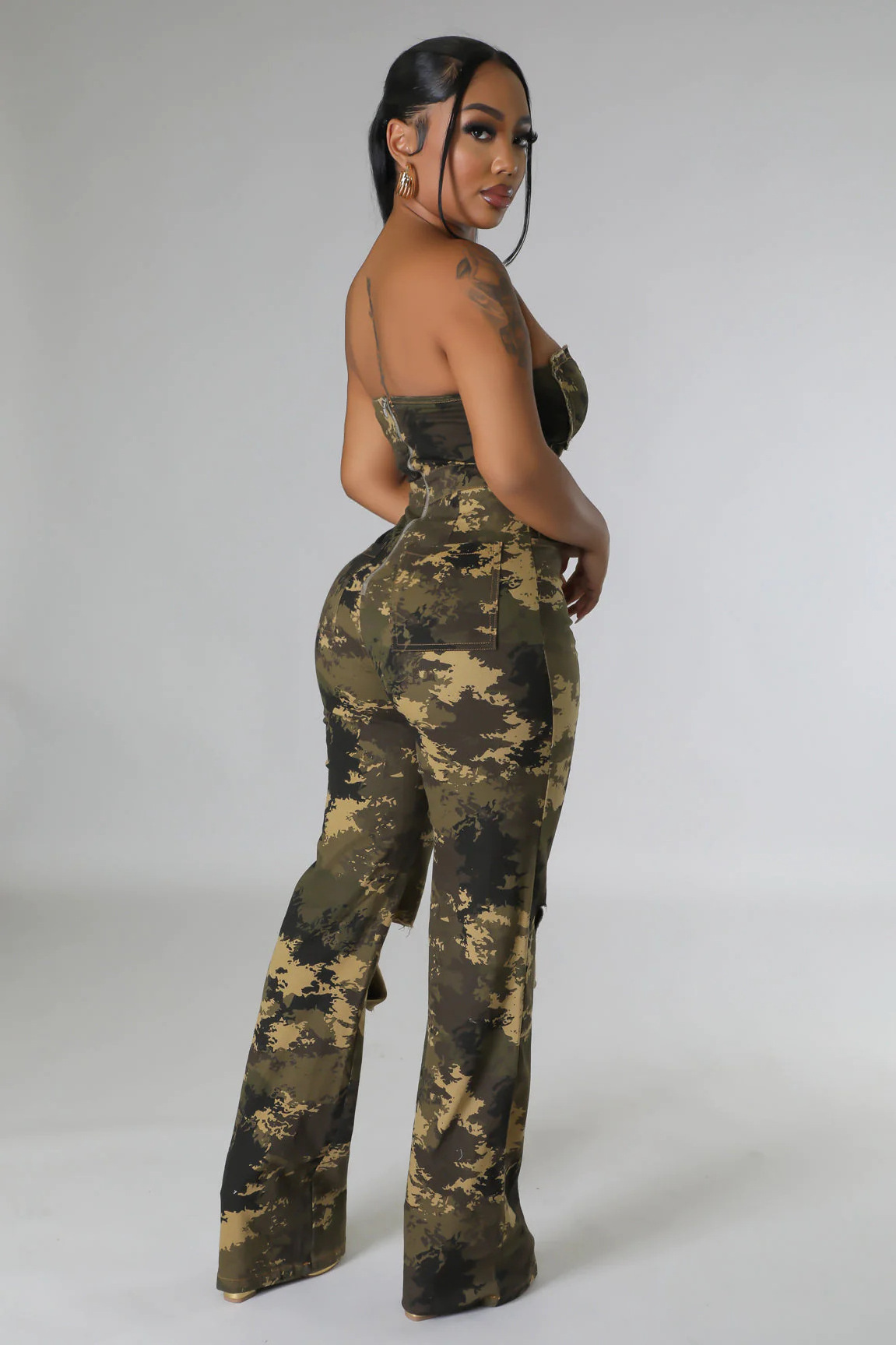 W3786 Fashion Streetwear Women Camouflage Jumpsuits Off Shoulder Zipper Skinny Autumn Rompers Print Long Pants Fall