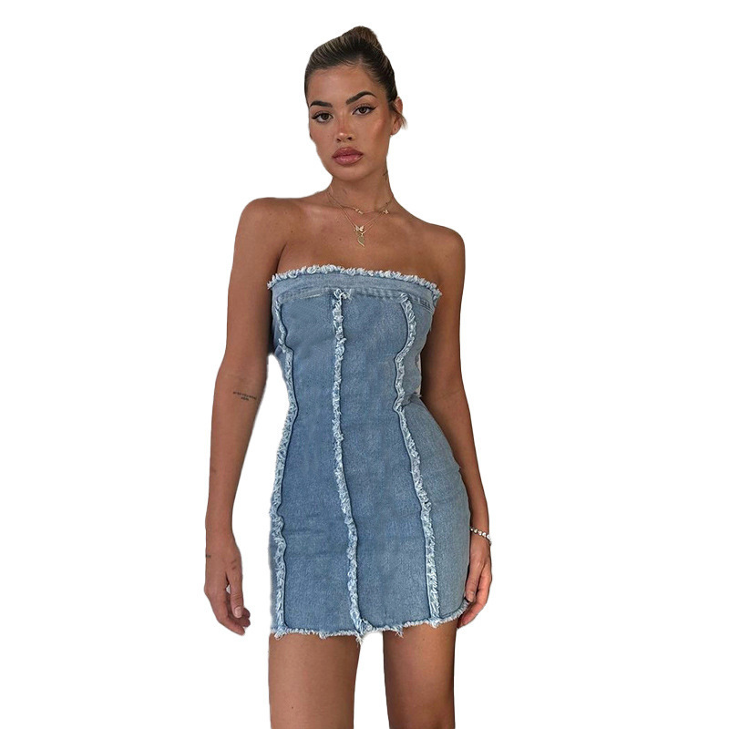 W6023 Autumn new arrival Hot sale sexy denim dress womens strapless dress