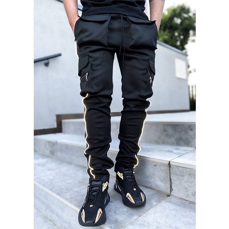 W5174 Hot Men Fashion Leisure Loose Straight Tube Reflective Strip Fitness Large Zip Pocket Sport Pants Fashion Leggings Joggers