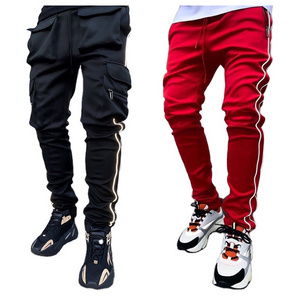 W5174 Hot Men Fashion Leisure Loose Straight Tube Reflective Strip Fitness Large Zip Pocket Sport Pants Fashion Leggings Joggers