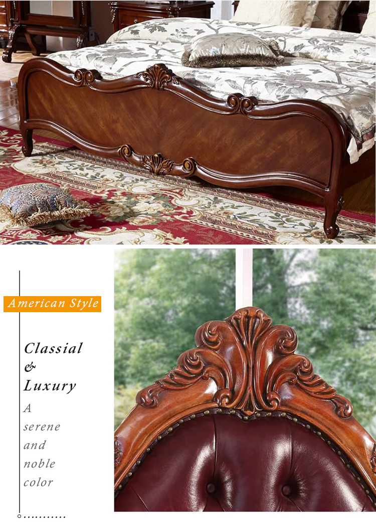 European Royal Style Solid Wood Bed Large Padded Headboard Using First Layer Cowhide and Mahogany Luxurious Solid Wood Bed