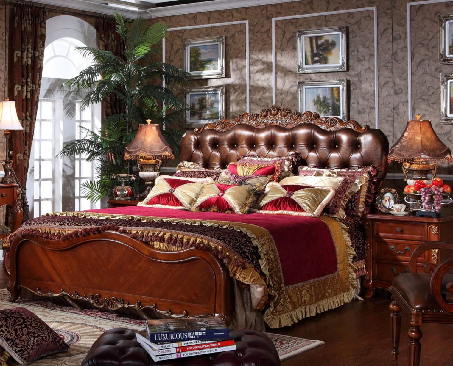 European Royal Style Solid Wood Bed Large Padded Headboard Using First Layer Cowhide and Mahogany Luxurious Solid Wood Bed