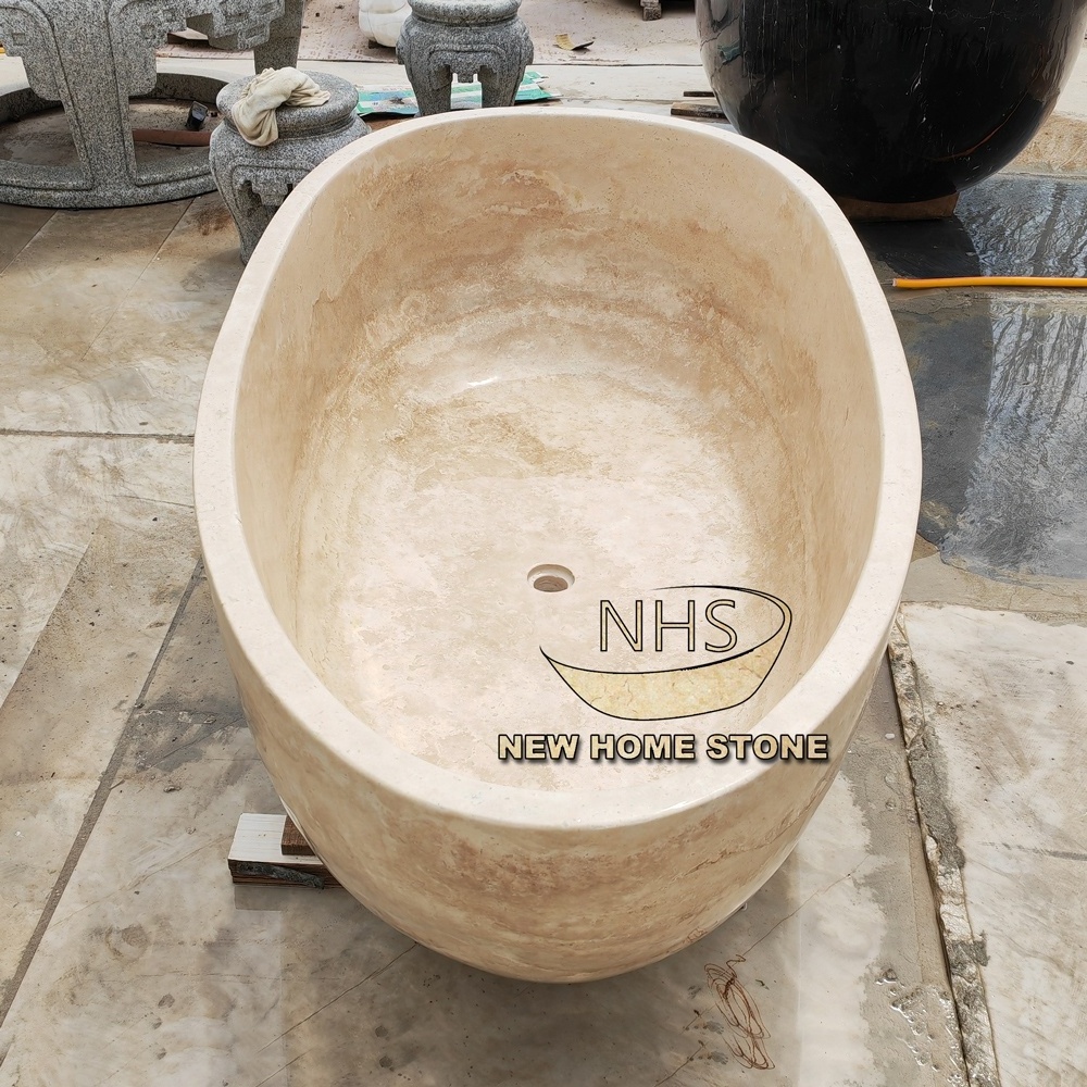 Customize Oval Bathroom Freestanding travertine bath tub Natural Stone Beige Travertine Bathtub for sale