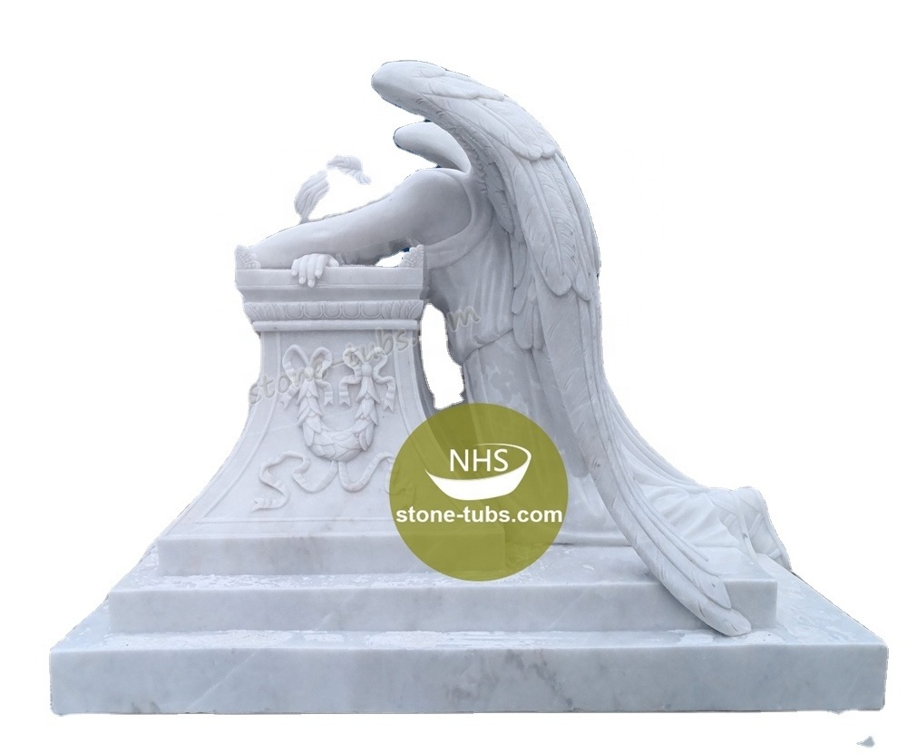 White Marble Monument Sad Crying Stone Weeping Angel Headstone Garden Statues Cemetery Sculpture Tombstone