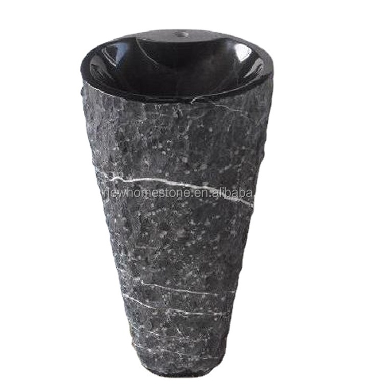 black natural stone rough carved pedestal bathroom sink