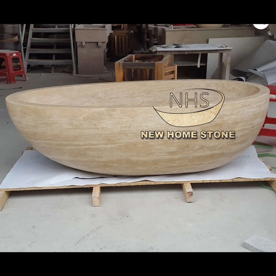 Customize Oval Bathroom Freestanding travertine bath tub Natural Stone Beige Travertine Bathtub for sale