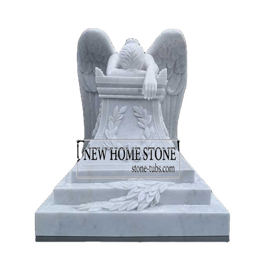 White Marble Monument Sad Crying Stone Weeping Angel Headstone Garden Statues Cemetery Sculpture Tombstone