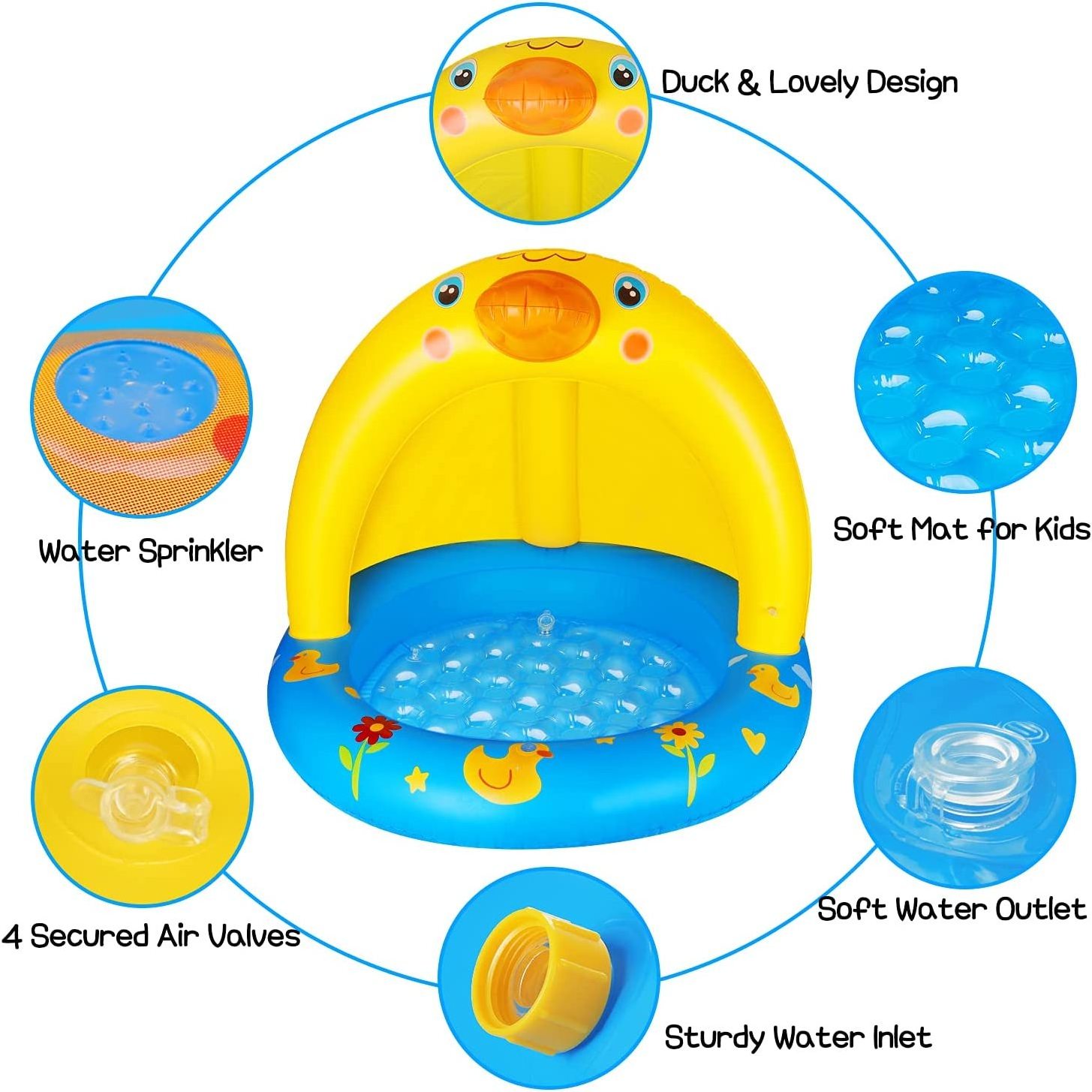 Inflatable baby pool with canopy children's splash duck swimming pool with sprinkler outdoor summer water toys