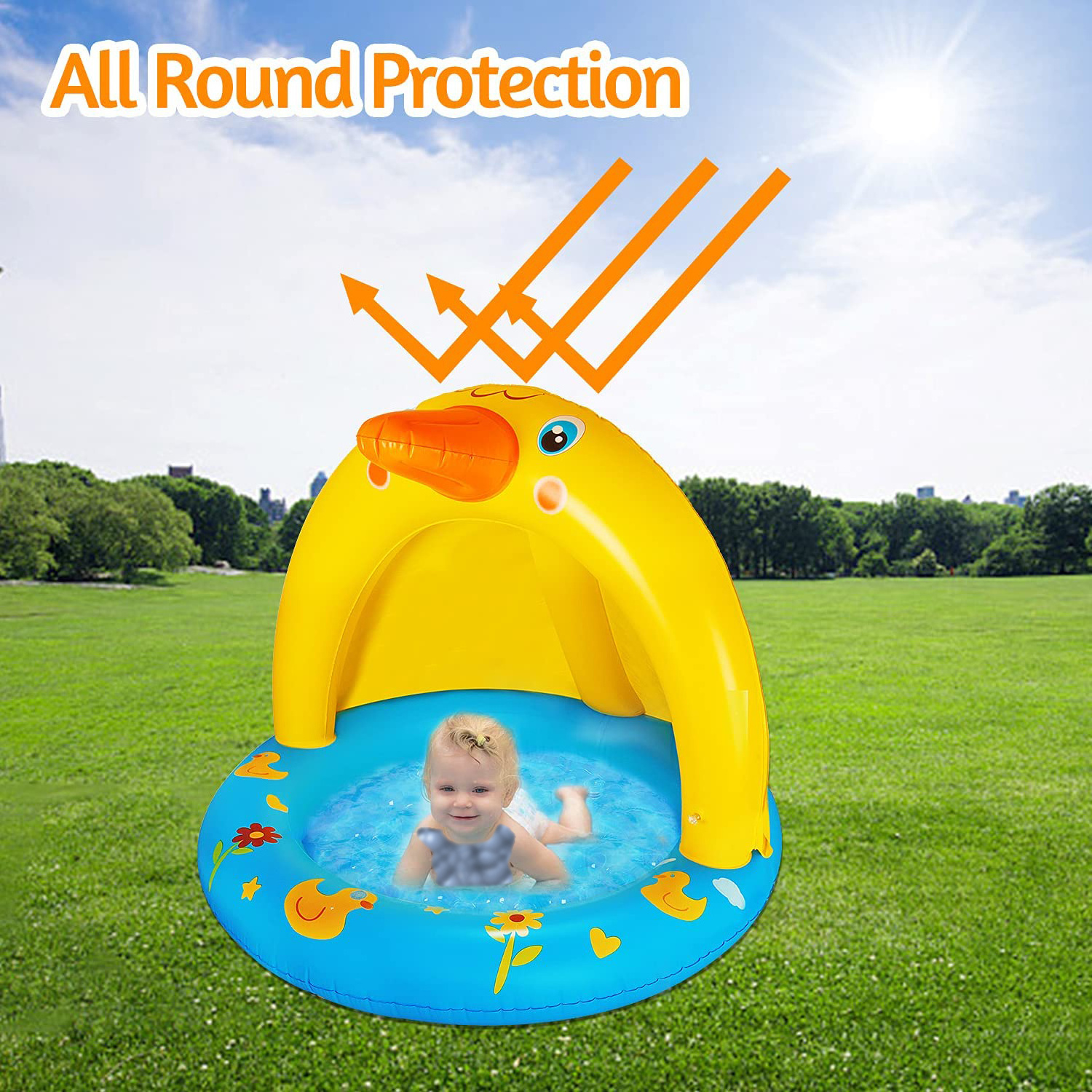 Inflatable baby pool with canopy children's splash duck swimming pool with sprinkler outdoor summer water toys