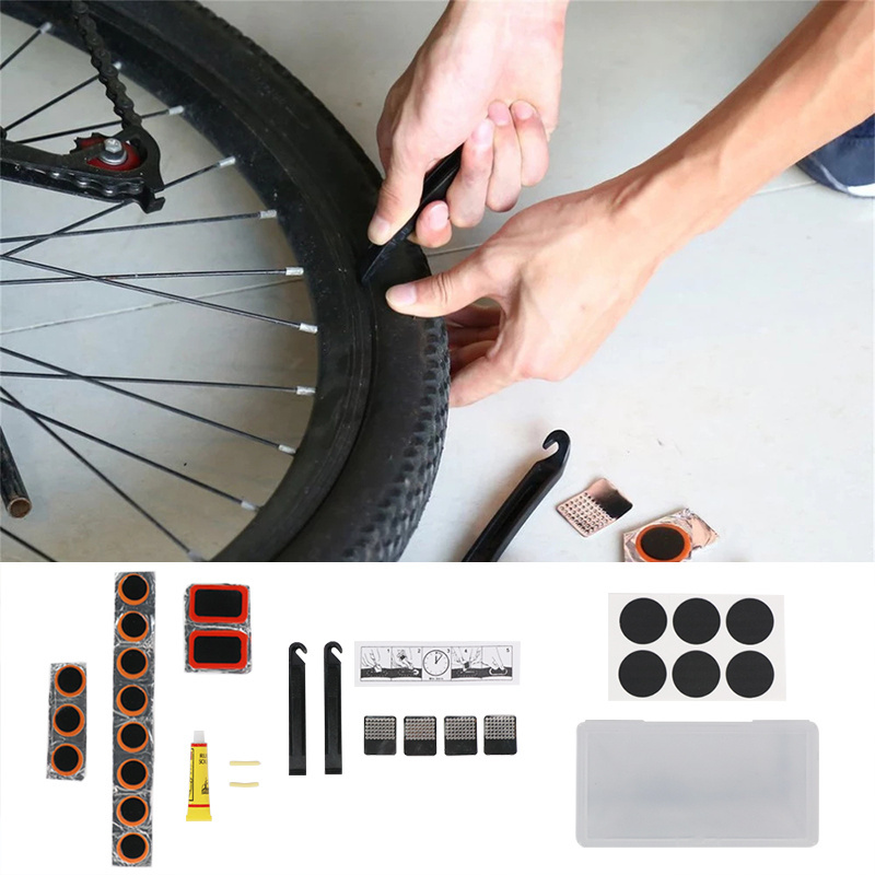 Bicycle Inner Tire Patch Repair Kit With 13 PCS Vulcanizing Patch 6 Glueless Puncture Patchs 4 Metal Scuffer And Storage Box