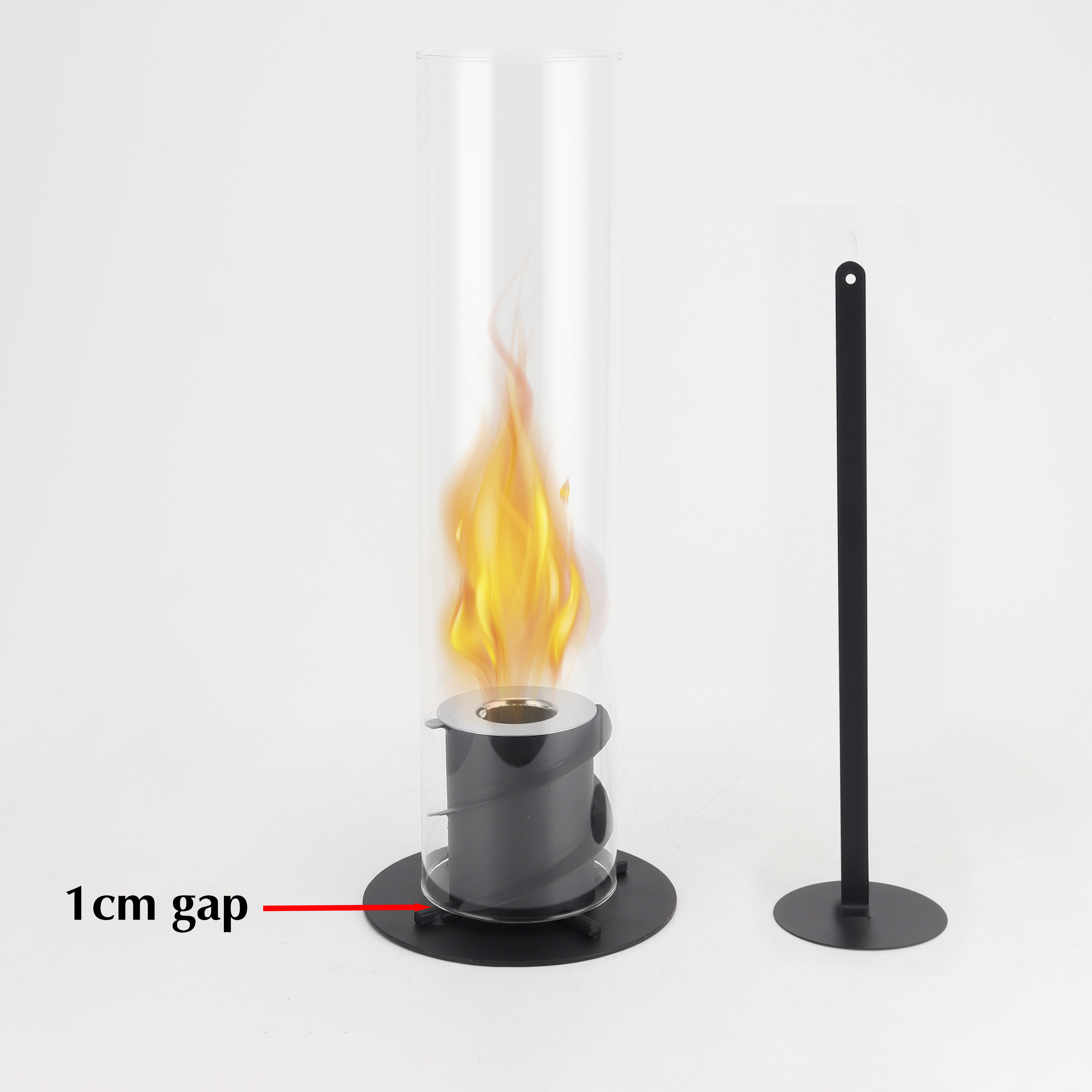 New Design Suspended Tall Glass Cylinder Table Fireplace Portable Spiral Base Ethanol Fireplace with Dancing Flames