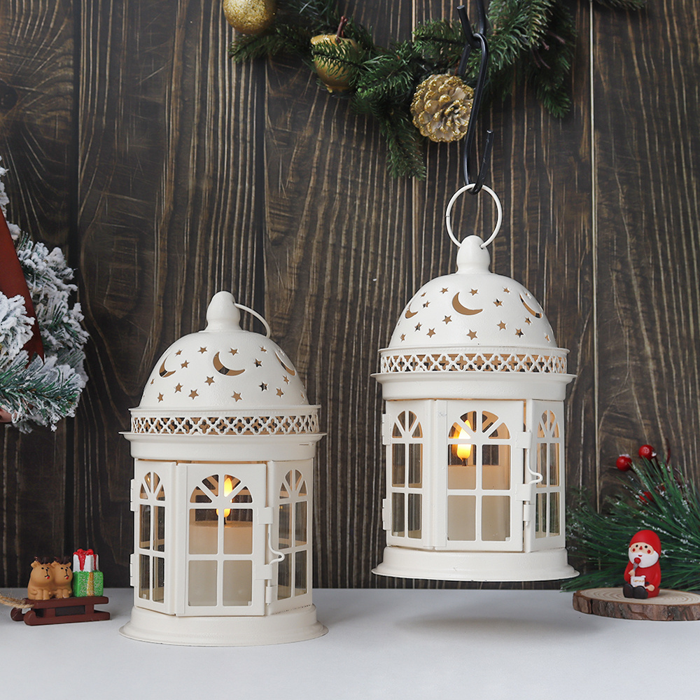 Set of 2 White Vintage Style Hanging Lantern Hollow Moon Stars Pattern Metal Candle Holder with Flameless Candles Garden Decor