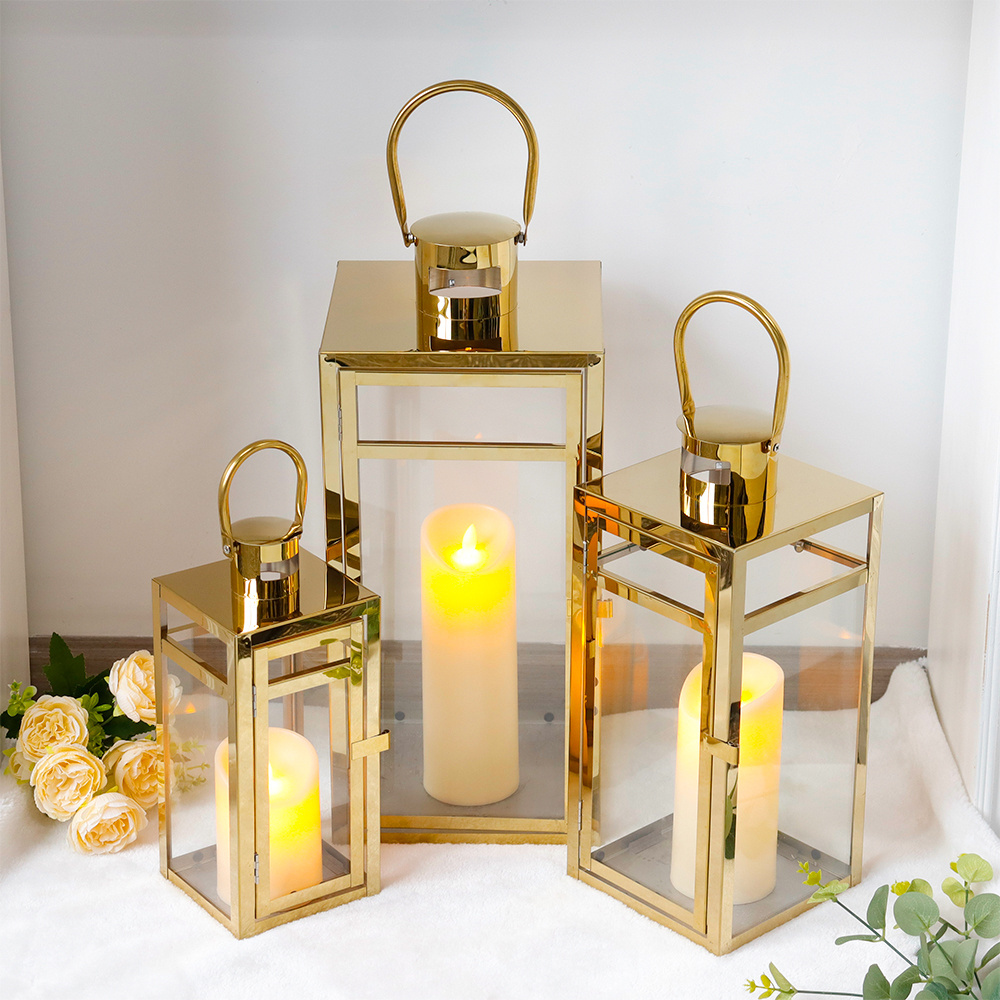 Set of 3 Gold Stainless Steel Metal Outdoor Floor Hanging Lantern Candle Lantern Square Candle Holder for Wedding Aisle Decor