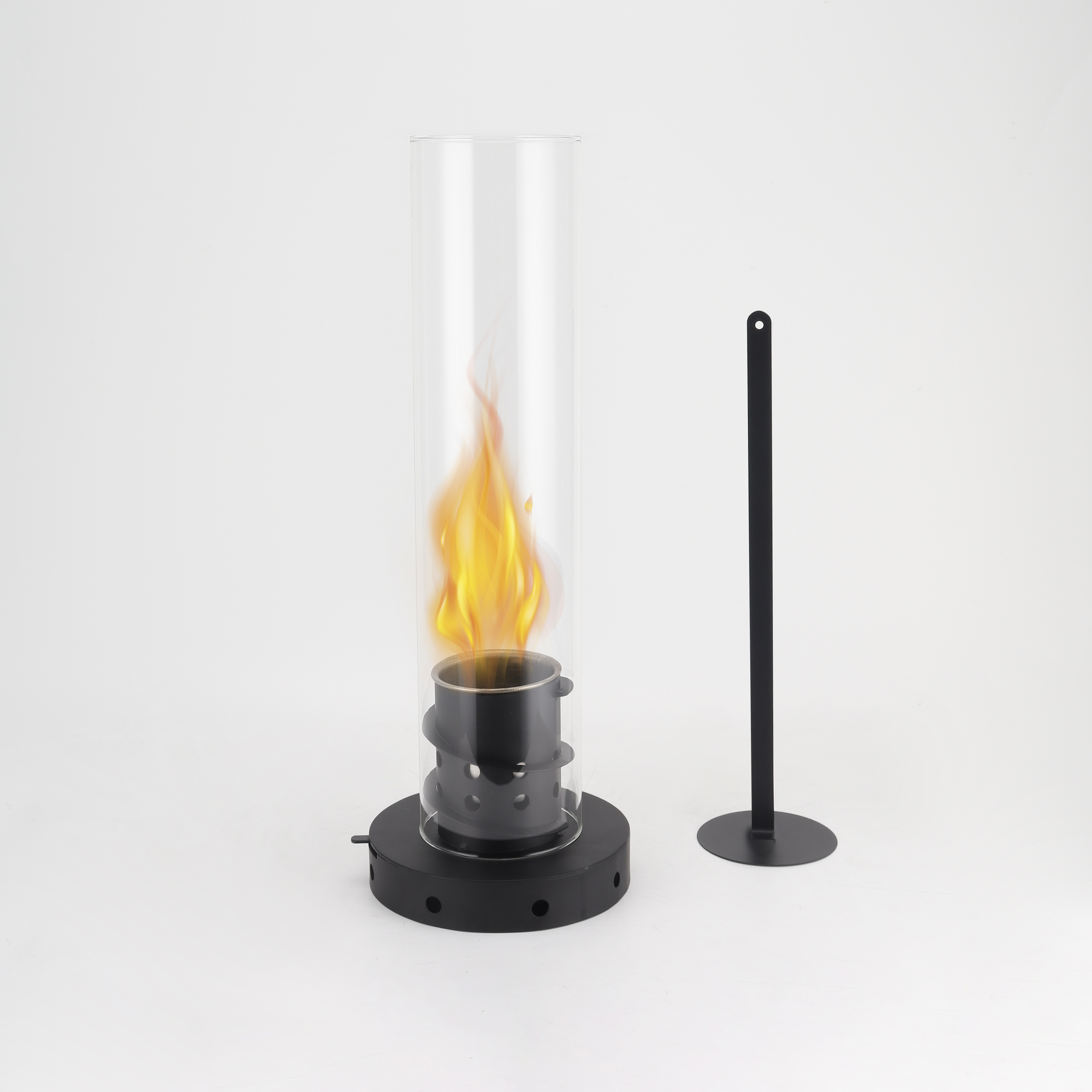 New Design Suspended Tall Glass Cylinder Table Fireplace Portable Spiral Base Ethanol Fireplace with Dancing Flames