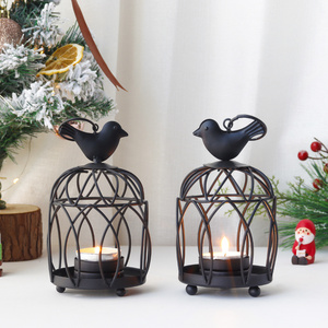 2 Piece Bird Top Black Small Hanging Birdcage Tealight Lantern Decorative Candle Holders for Table Wedding Party