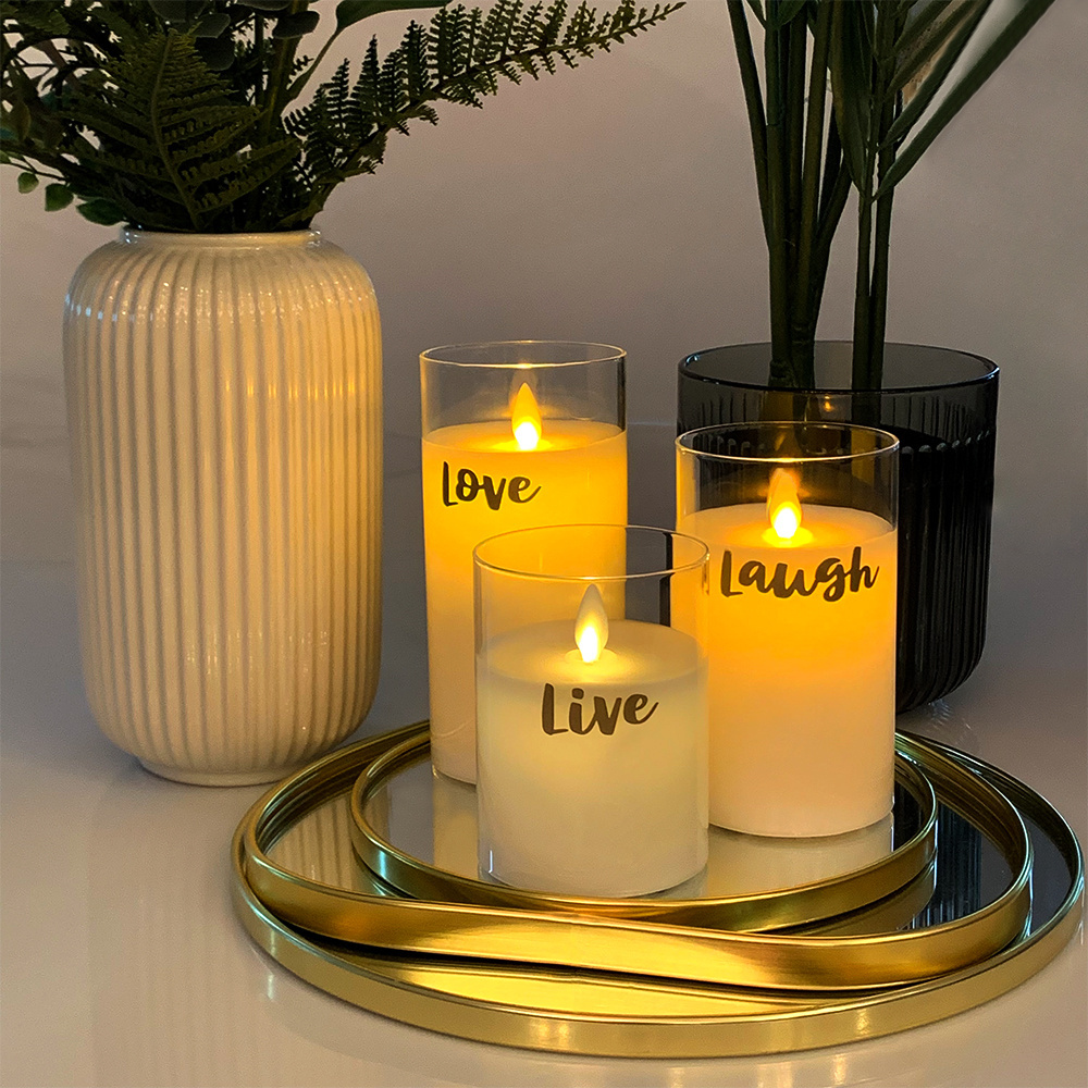 Set of 3 Flickering Flameless Glass LED Candles Swing Flame Candle Head White Battery Operated LED Pillar Candles with 6H Timer