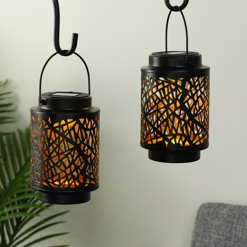 Set of 2 Solar Garden Lantern Lights Outdoor Solar Powered Lights Hanging Garden Decoration Lamp Metal Lantern with Handle