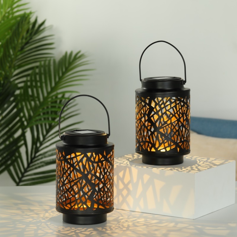 Set of 2 Solar Garden Lantern Lights Outdoor Solar Powered Lights Hanging Garden Decoration Lamp Metal Lantern with Handle