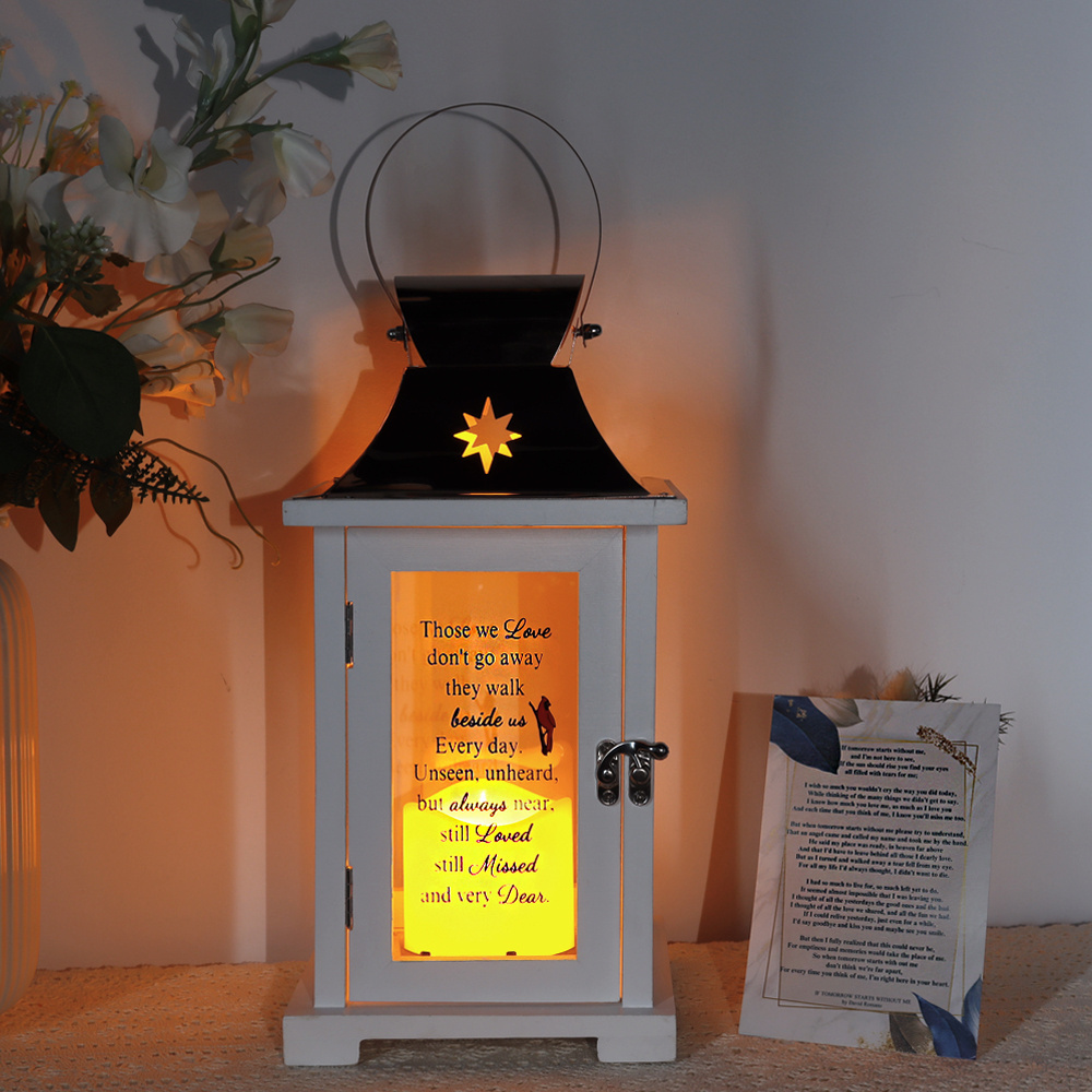 Outdoor Decorative Wooden White Memorial Candle Lanterns Rose Gold Stainless Steel Candle Holder