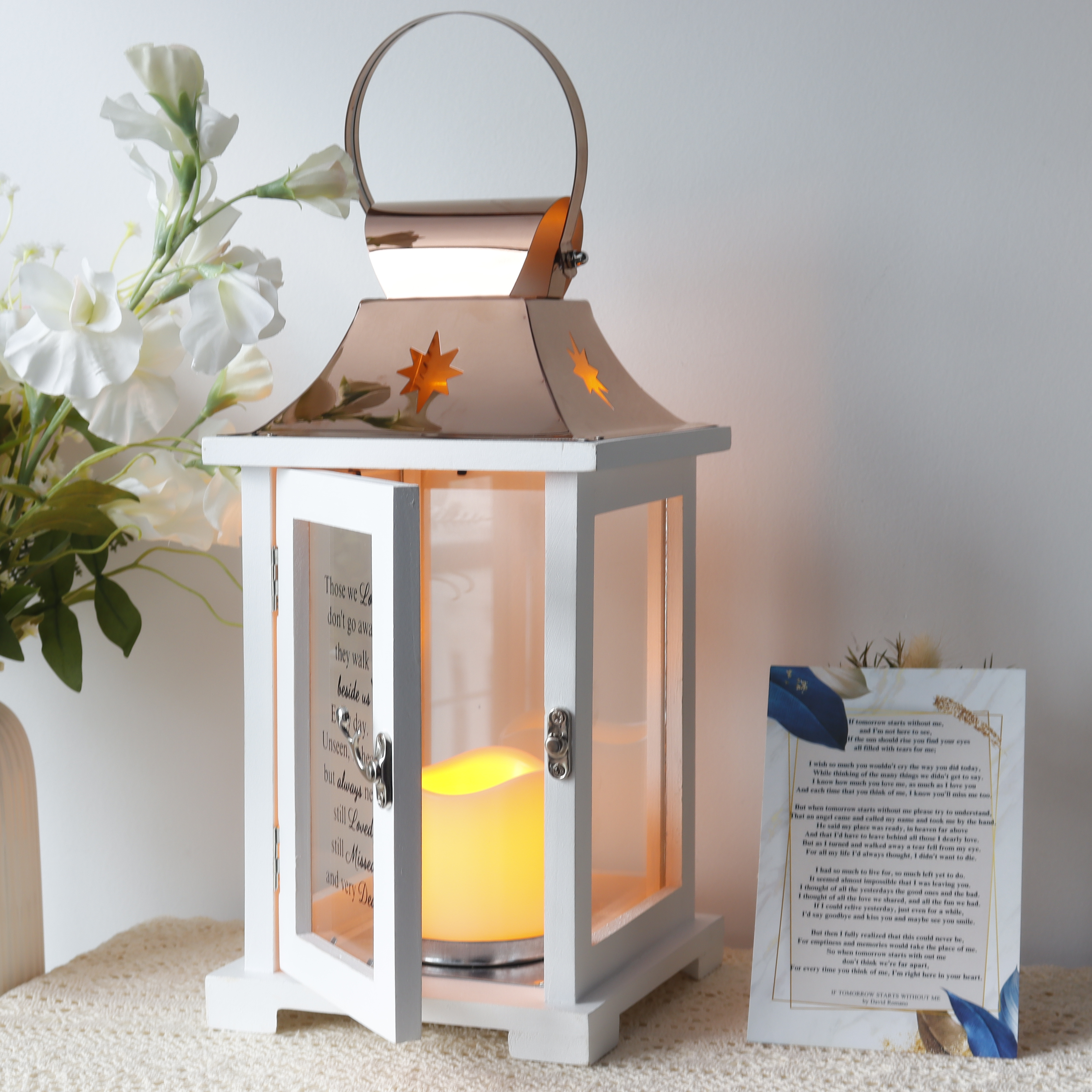 Outdoor Decorative Wooden White Memorial Candle Lanterns Rose Gold Stainless Steel Candle Holder