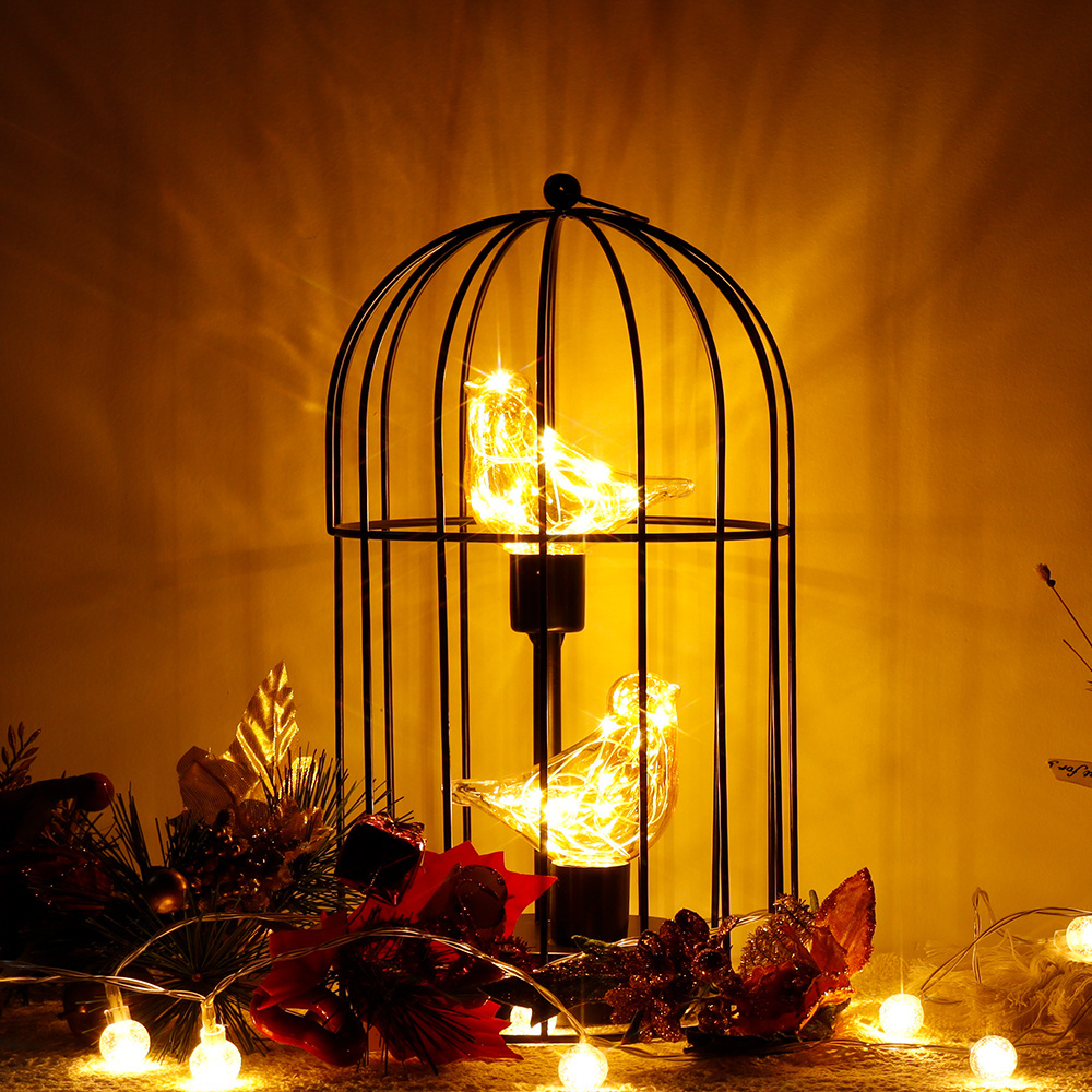 Metal Bird Cage Shape Hanging Lantern Battery Operated Lamp Cordless Accent Light with Fairy Lights Bird Bulb for Home Decor