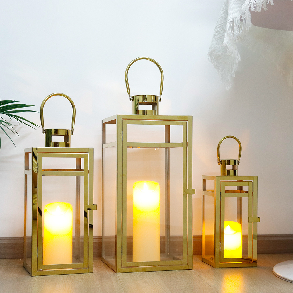 Set of 3 Gold Stainless Steel Metal Outdoor Floor Hanging Lantern Candle Lantern Square Candle Holder for Wedding Aisle Decor