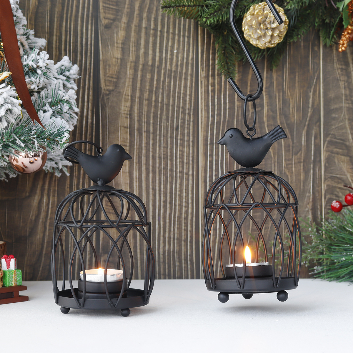 2 Piece Bird Top Black Small Hanging Birdcage Tealight Lantern Decorative Candle Holders for Table Wedding Party