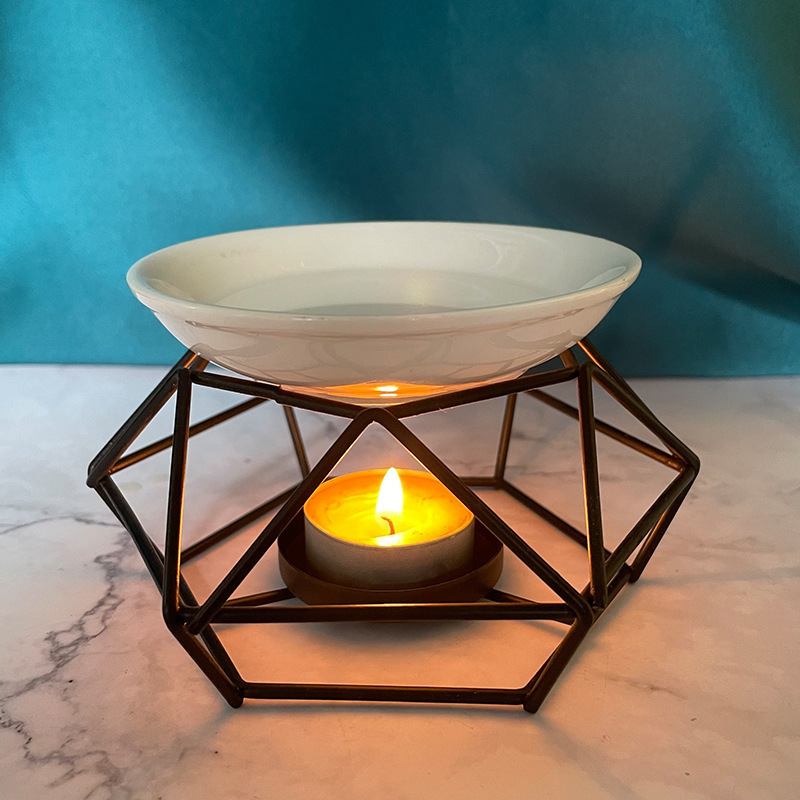 Nordic luxury gold incense iron candlestick geometric metal iron wire candle holder with porcelain dish